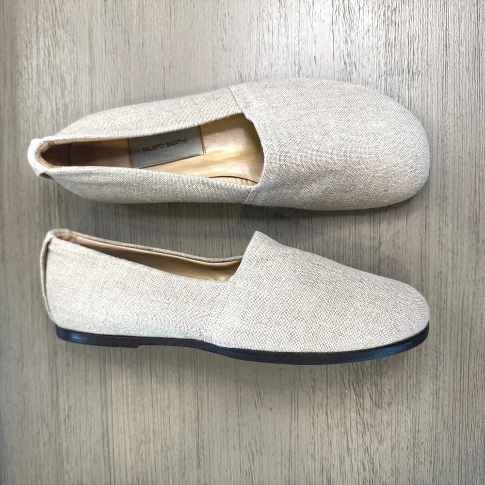 Fausto Santini Women 7-7.5 EU 37.5 Beige Linen Flats Italian Leather Sole Loafer